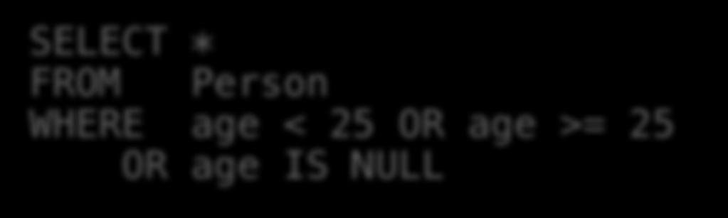 Lecture 4 > Section 2 > NULLs Null Values Can test for NULL explicitly: x IS NULL x IS NOT NULL