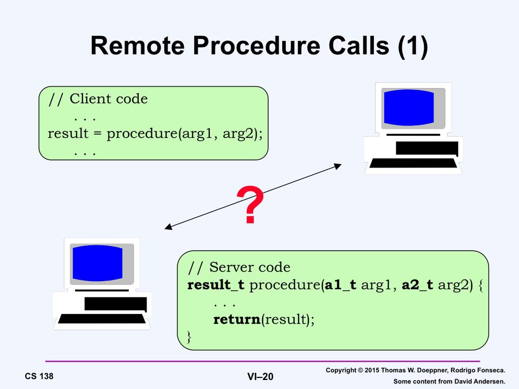Now suppose that the client and server are on separate machines. As much as possible, we would like remote procedure calling to look and behave like local procedure calling.
