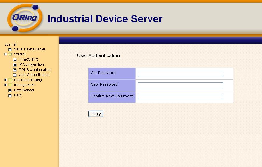 Authentication You can set the password to prevent unauthorized access from network.