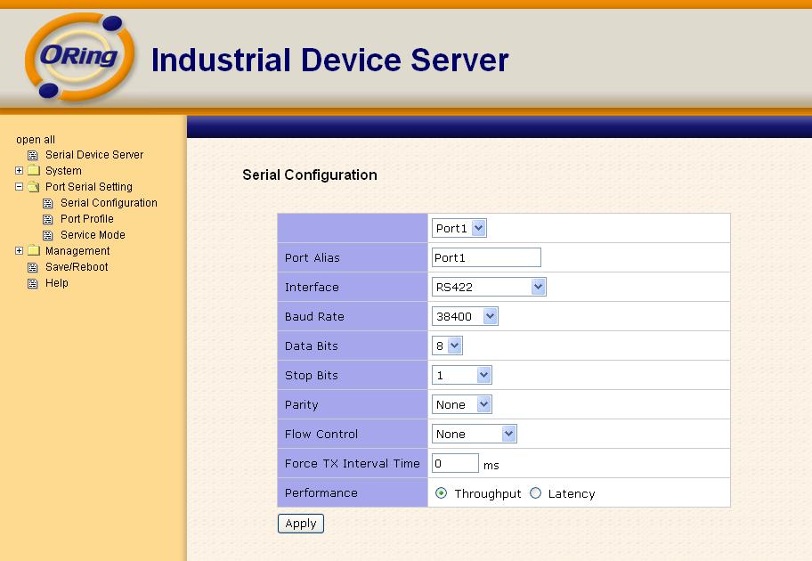 5.2.1.2 Port serial setting Serial configuration Figure 5-28 Serial configuration The following table describes the labels in this screen.