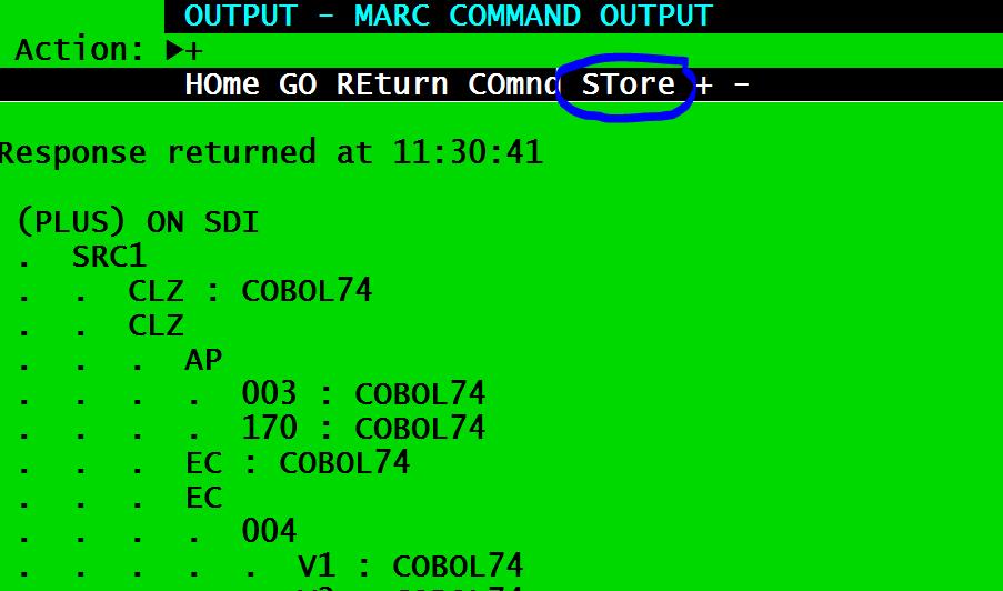Did you know that there is a way to STORE output you receive from MARC? I KNOW! Say you do a FILES from MARC. There are pages of data. You can store that output to a file.