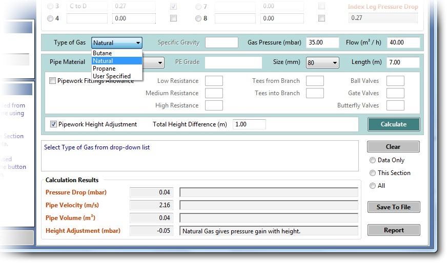 2. Basic Data Input and Calculation Input / select gas and pipework data using the fields in the 'green' area. Click Calculate to generate results Use Clear with the appropriate radio button, e.g. 'Data Only' to clear data and results fields.