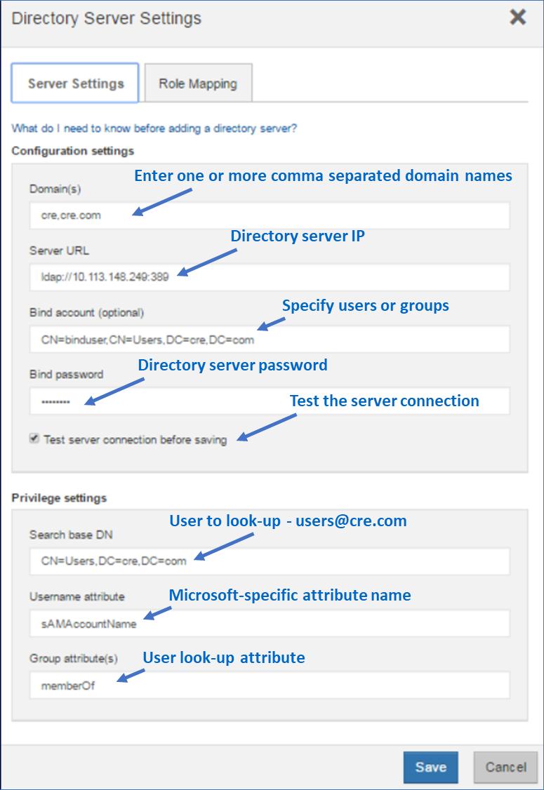 Figure 4) SANtricity System Manager Directory Server Settings wizard. The array roles for the specified user groups are set in the role mapping tab.
