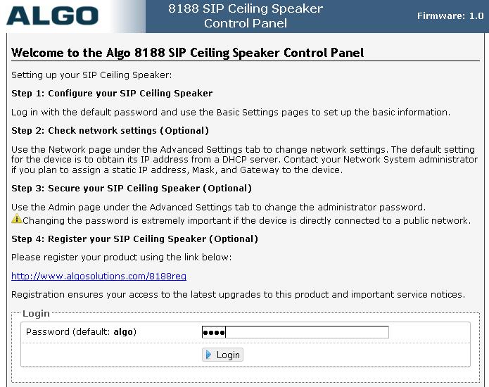 6. Configure 8188 SIP Ceiling Speaker This section provides the procedures for configuring Algo 8188 SIP Ceiling Speaker. The procedures include the following areas: Launch web interface.