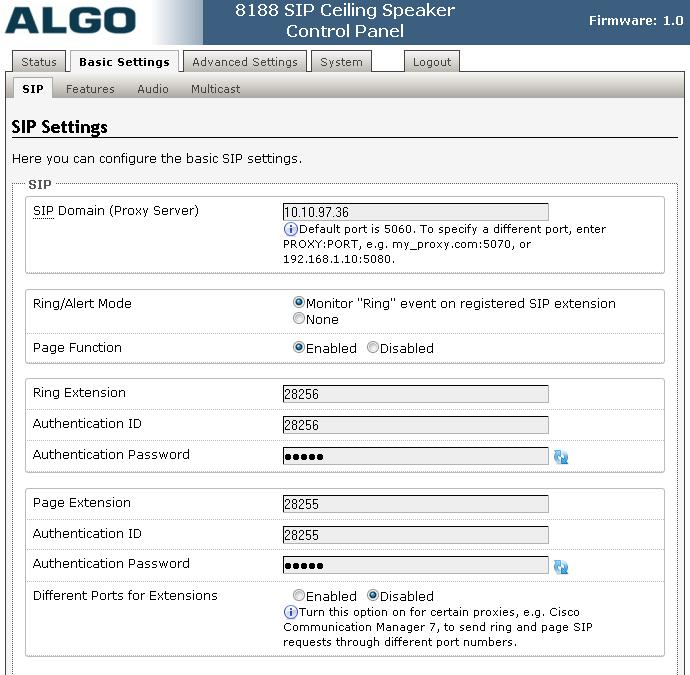 6.2. Administer Algo 8188 Select Basic Settings SIP from the top menu, to display the screen below.
