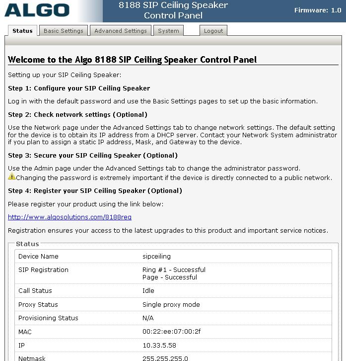 7.2. Verify Algo 8188 From the Algo 8188 SIP Ceiling Speaker web-based interface, select Status from the