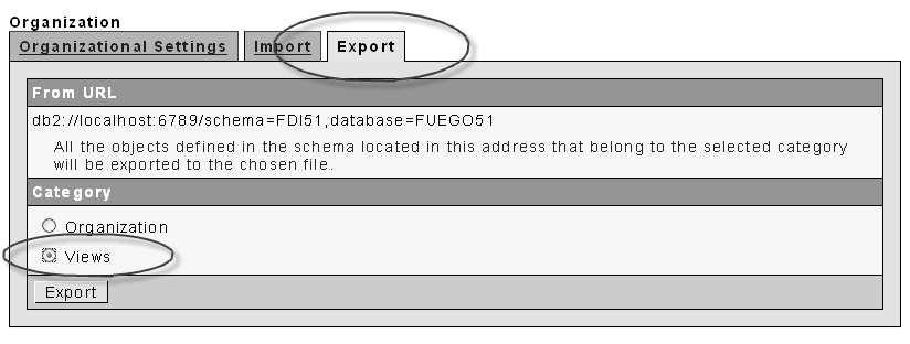 5 EXPORTING FROM FUEGOBPM 5.1 Figure 1: Select the Organizational Settings node from the WebConsole From the Export tab select the radio button labeled Views.