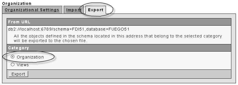 5 EXPORTING FROM FUEGOBPM 5.1 To export the organization data you will need to login to the WebConsole in version 5.1 and select the Organizational Setting node.