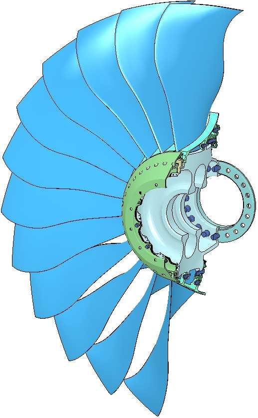 Figure 1: Finite element model of the fan The bird is modeled as a solid cylinder with truncated coned ends.