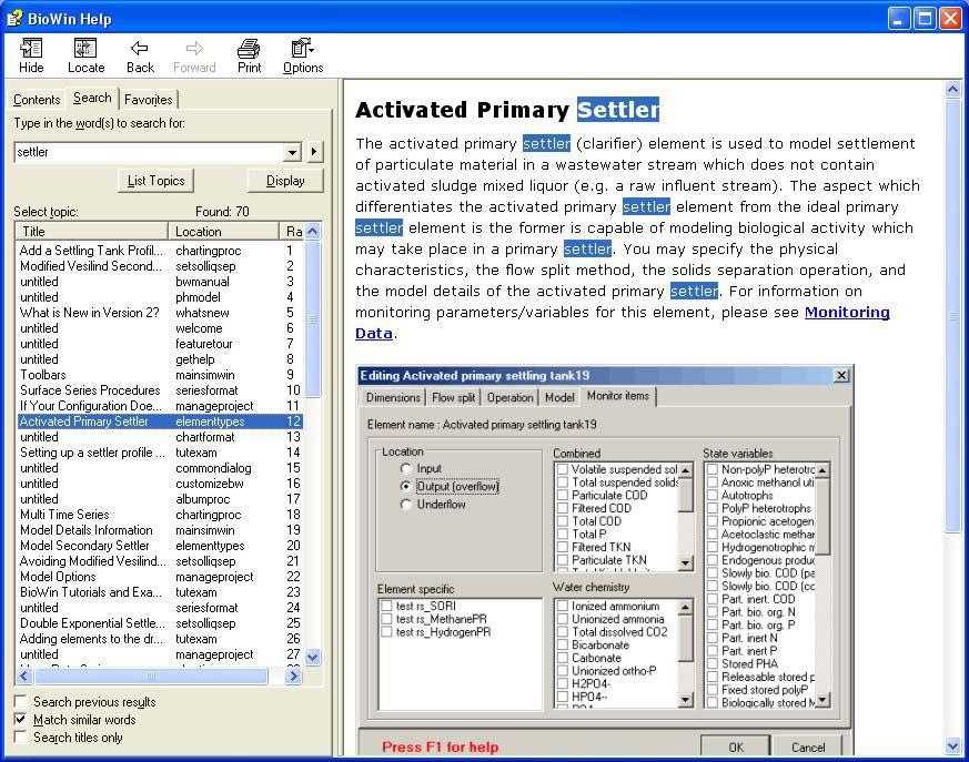 Help Search Tab When the Windows 98/HTML style help Search tab is selected, it is possible to view your search results and topics simultaneously, as shown in the picture below.