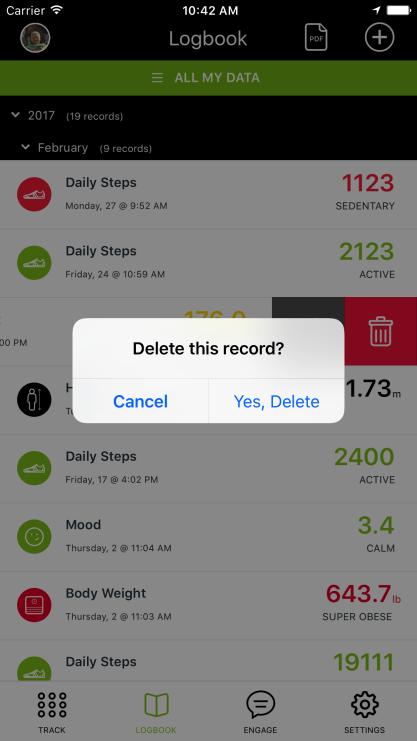 3.2 Delete a measurement To delete a measurement, simply slide the data to the left and tap on the red