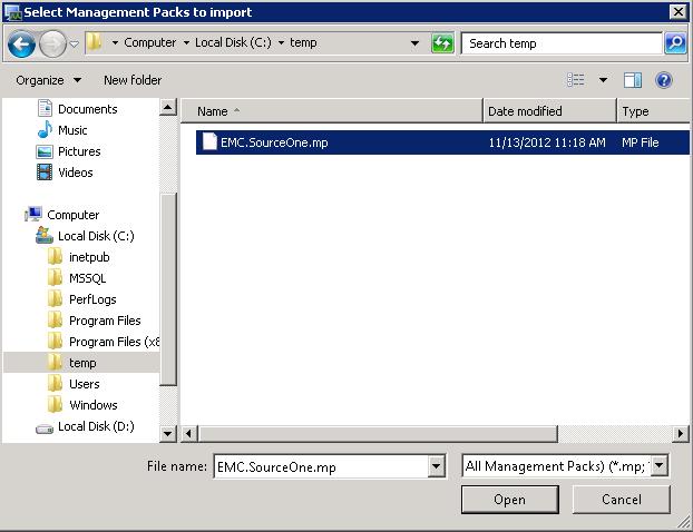 SourceOne.mp Figure 14 Select Management Packs to import dialog box 6.