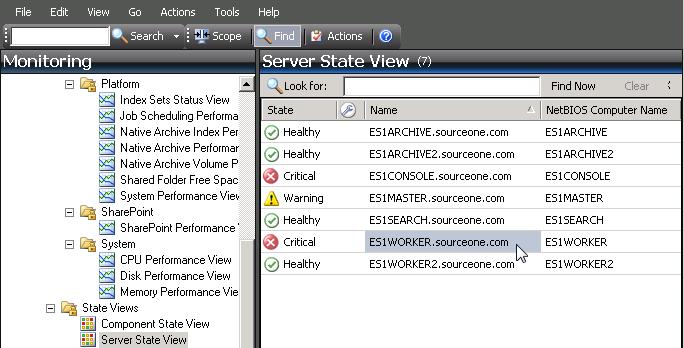 Server State View Use the following procedure to access the EMC SourceOne System Resource Analysis Report for a specific server listed in the Server State View. Procedure 1.