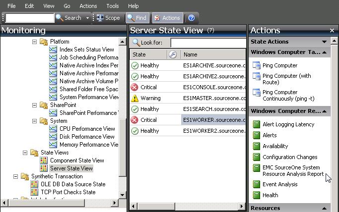 Monitoring the System Figure 72 Actions pane 4. In the Reports area, select EMC SourceOne System Resource Analysis Report.