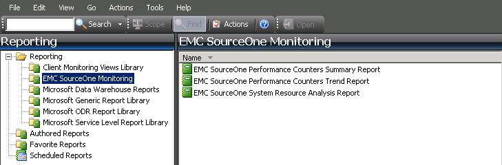 From the Operations Manager Reporting view, perform the following. Procedure 1. Select Reporting > EMC SourceOne Monitoring.