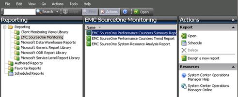 Monitoring the System Figure 74 Report actions Configuring EMC SourceOne reports 4. Select an appropriate action. Actions for each report include: Click Open to display the report configuration page.