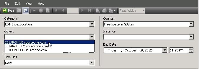 As an example, if you select the ES1:IndexLocation category and Free space in Gbytes counter, the Object list is limited to only the servers on