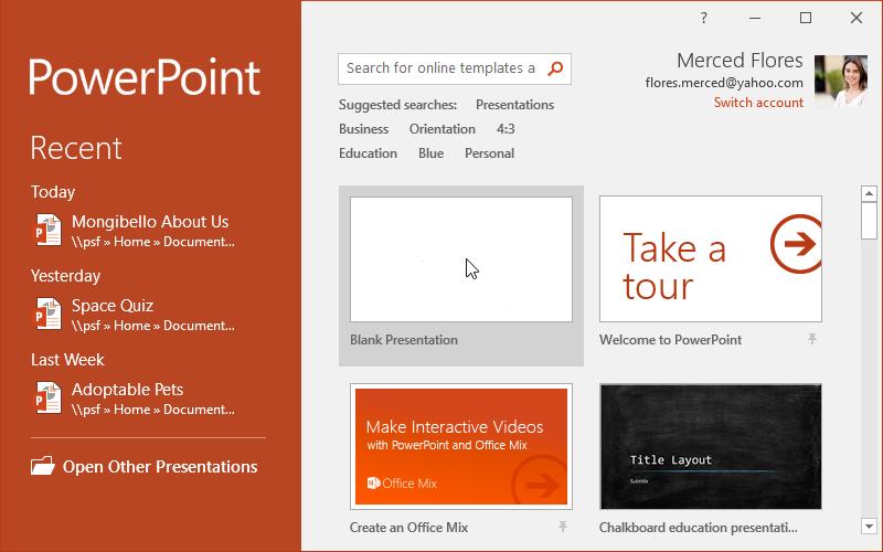 The PowerPoint interface When you open PowerPoint for the first time, the Start Screen will appear.