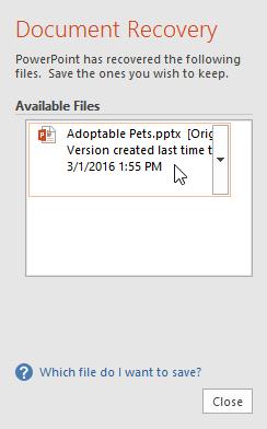 To use AutoRecover: 1 2 Open PowerPoint. If autosaved versions of a file are found, the Document Recovery pane will appear.