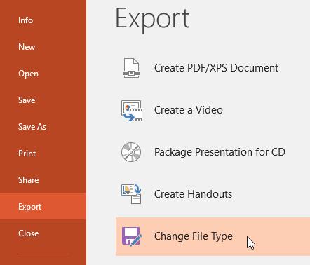 Exporting presentations By default, PowerPoint presentations are saved in the.pptx file type.