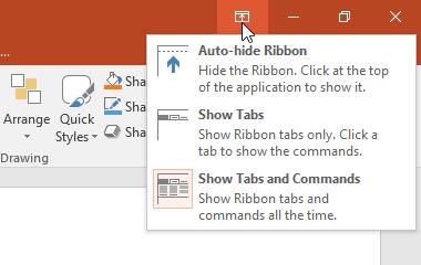 Auto-hide Ribbon: Auto-hide displays your workbook in full-screen mode and completely hides the Ribbon.