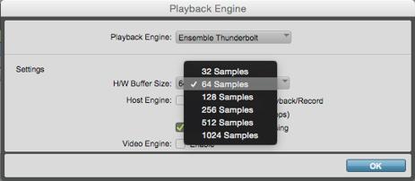 In the Playback Engine drop-down box, select Symphony Thunderbolt. 3. Start by setting the I/O Buffer Size to 64 Samples.