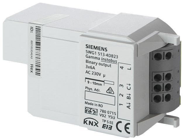 Gamma instabus Technical Product Information RL 513D23 Switching actuator (relay), 3 x 6A 5WG1 513-4DB23 Switching actuator for independent switching of three lighting luminaire groups or other loads