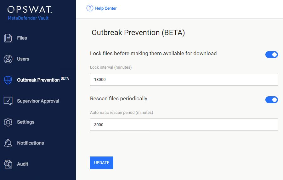 Enable periodic automatic re-scan In order to enable automatic re-scanning of files you need to go to Outbreak Prevention page and turn it on.