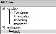 23) Click OK to complete the Style rule options and close the options window. In your CSS Styles panel a new rule for BODY will be added beneath a styles.css heading.