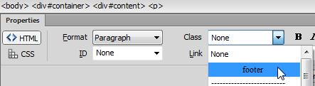 20) Change the Class property to footer. 20) Do the same for the line with the copyright symbol. In the HTML you will see a class attribute added to the P tag.