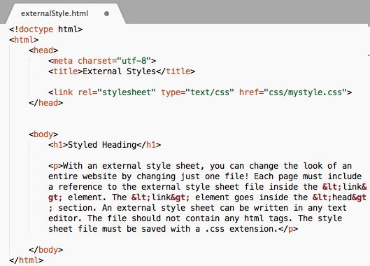 Review: External Style Sheet You can put rules in an external file (don t use the style tag!!) With an external style sheet, you can change the look of an entire website by changing just one file!