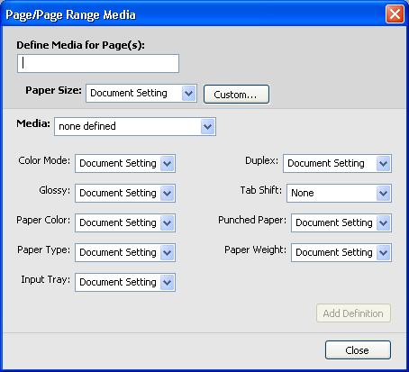COMMAND WORKSTATION 26 TO DEFINE MEDIA FOR SPECIFIC PAGES 1 In the Mixed Media dialog box, click New Page Range. The Page/Page Range Media dialog box appears.
