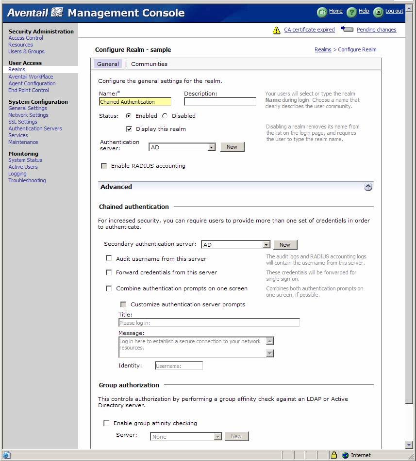16 Aventail ST2 New Features Guide Figure 8: Chained Authentication Forms-based Authentication Many Web applications use forms-based authentication, in which the user enters a set of credentials into