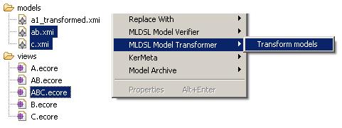 Figure 15.4 Transforming models created in views AB and C The result of the model transformations is the model named a1_transformed.xmi.