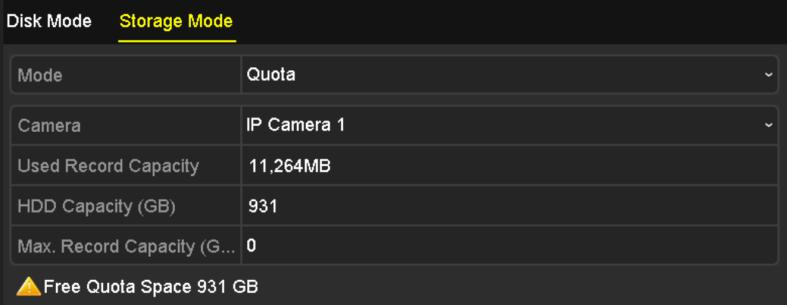 11.4 Configuring Quota Mode Purpose: Each camera can be configured with allocated quota for the storage of recorded files. 1. Enter the Storage Mode interface.