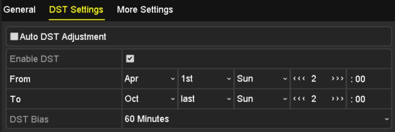 14.3 Configuring DST Settings 1. Enter the General Settings interface. Menu >Configuration>General 2. Choose DST Settings tab. Figure 14.