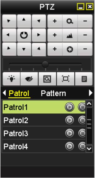 1. Press PTZ control on the front panel or on the remote, or click PTZ Control icon on the quick setting panel, to show the PTZ control panel. 2. Choose Patrol on the control bar. 3.