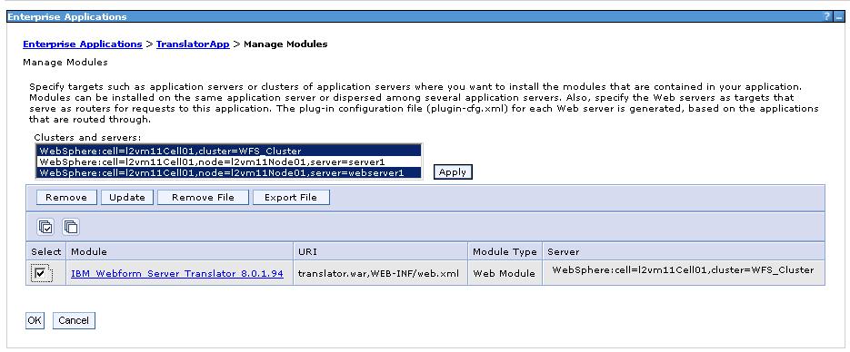 4. Navigate to Applications > Application Types > WebSphere Enterprise Applications > TranslatorApp > Manage Modules and select