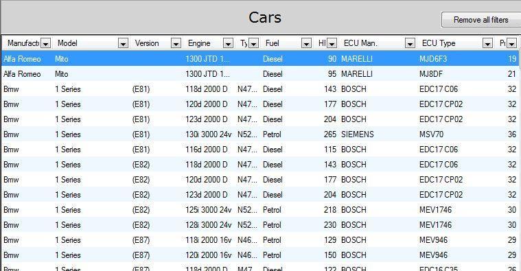 Displaying vehicles supported Click on Cars to display the list of all cars supported by V-Switch 3. You can filter the information as in Excel.