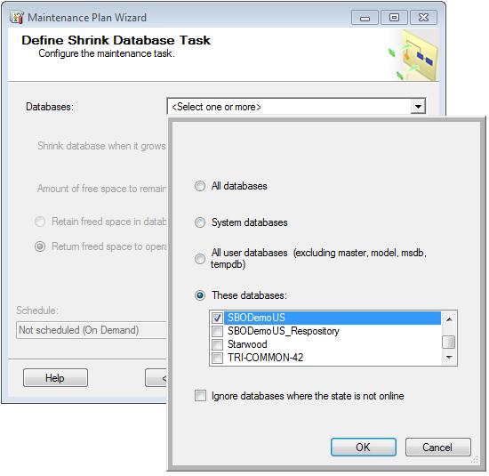 9. Database Shrink Tasks This task attempts to reduce the size of the selected databases. When complete, click Next. Databases: Specify the databases affected by this task.