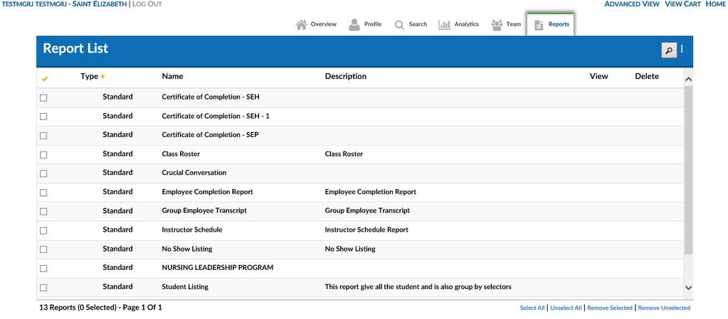 Reports Tab Click the Reports tab to access the Report List which displays a listing of reports enabled for use by the Manager and allowing the Manager to query learning information required to