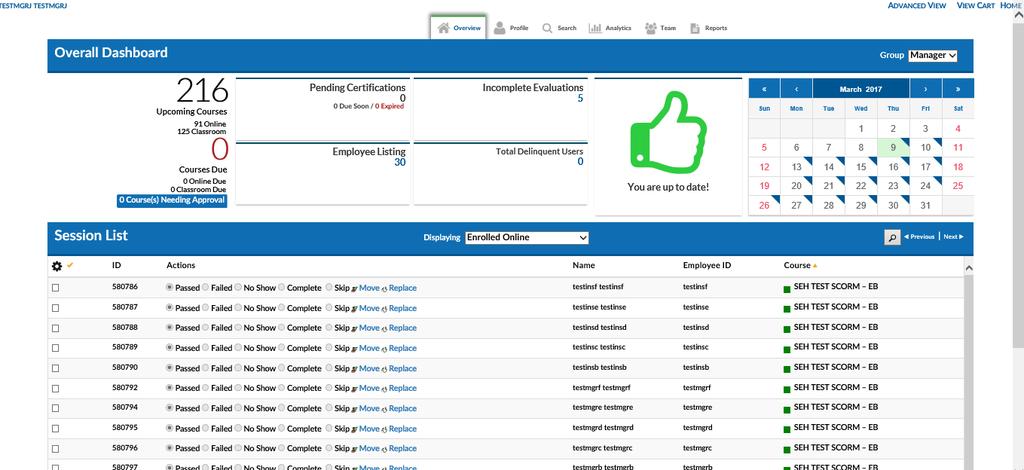 Overview Tab Overall Dashboard - Metrics The top left section of the Overall Dashboard provides Manager Metrics, a numerical listing of your Team s course, certification, evaluation and team member