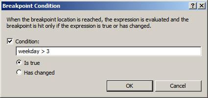 Conditional Breakpoints (continued) 10 Breakpoint Modification In the Breakpoint Condition dialog type the Boolean expression that you wish to check, as the