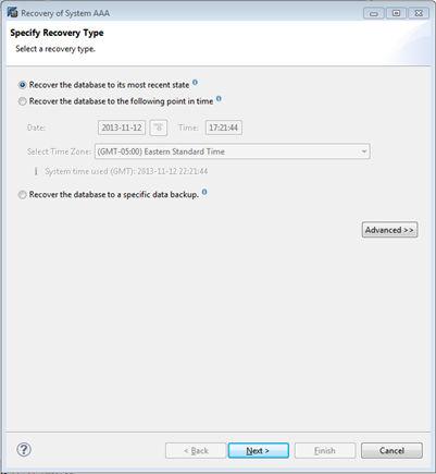 NMSAP HANA Operations Figure 6 Specifying the recovery type in SAP HANA Studio Select the type of recovery from the displayed choices: To recover the database as close as possible to the current