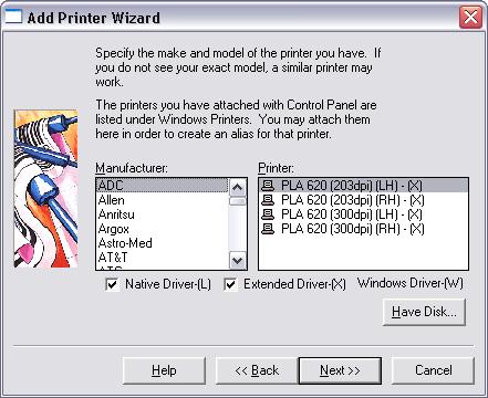 Label Setup Chapter 2-3 Figure 2-1 Select Printer Make and Model On the Manufacturer/Printer screen, each printer s installation status is indicated by one of the following icons: Driver is installed