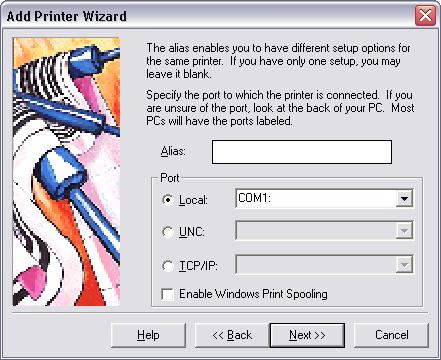 Chapter 2-4 Quick Start Guide 4 Select the manufacturer and printer that you want to use, and click Next. The alias and port selection screen appears.