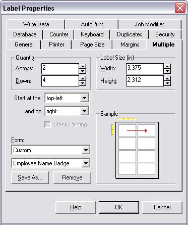 Chapter 2-16 Quick Start Guide Defining Multiple Labels per Page You can set up a label format to print multiple labels, across and down the page.