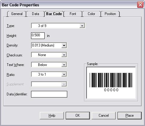 Designing Labels Chapter 3-7 Adding a Bar Code 1 Do one of the following: On the Insert menu, click Bar Code. Click Add Bar Code on the Add Image Toolbar. The Bar Code Properties dialog box appears.