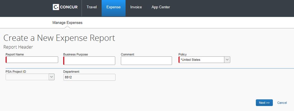 Section 6: Creating an Expense Report Step 1: Creating a new report 1. On the Concur home page, click New from the quick task bar, and then click Start a Report. 2.
