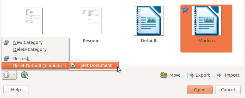 Setting a default template If you create a document by choosing File > New > Text Document (or Spreadsheet, Presentation, or Drawing) from the Menu bar, LibreOffice creates the document from the
